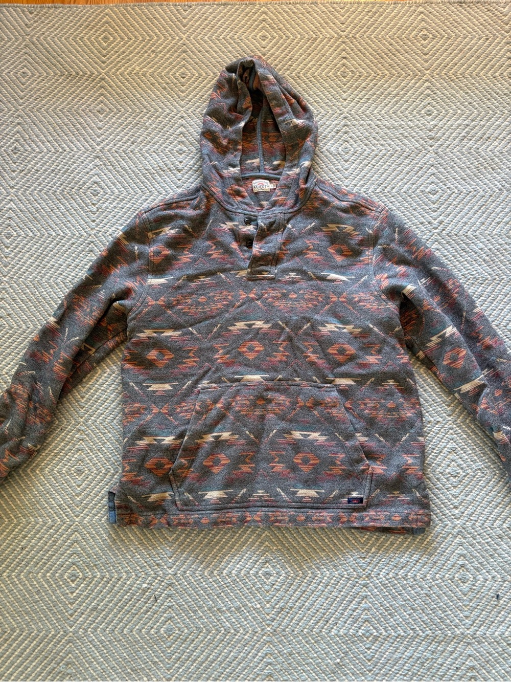 Faherty Gray Pullover Hoodie with Rust and Cream Aztec Pattern